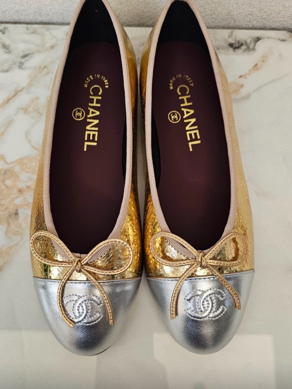 CHANEL Gold and Silver Leather Ballet Flats with Bow